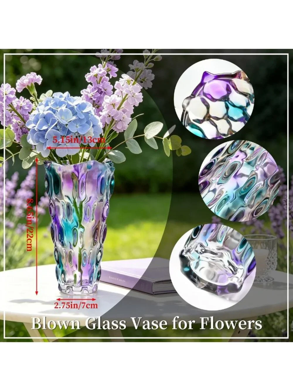 9-Inch Colorful Hand Blown Glass Vase - Iridescent Purple Table Centerpiece